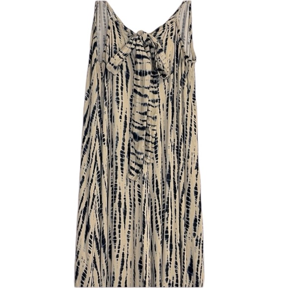 Zara Women’s Cream Khaki and Blue Batik Print Tie Back V Neck Maxi Dress Sz M/L - Picture 4 of 10